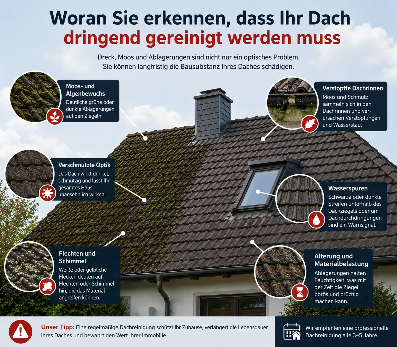 Stark vermostes Dach in Würzburg – typisches Schadensbild vor der Dachreinigung