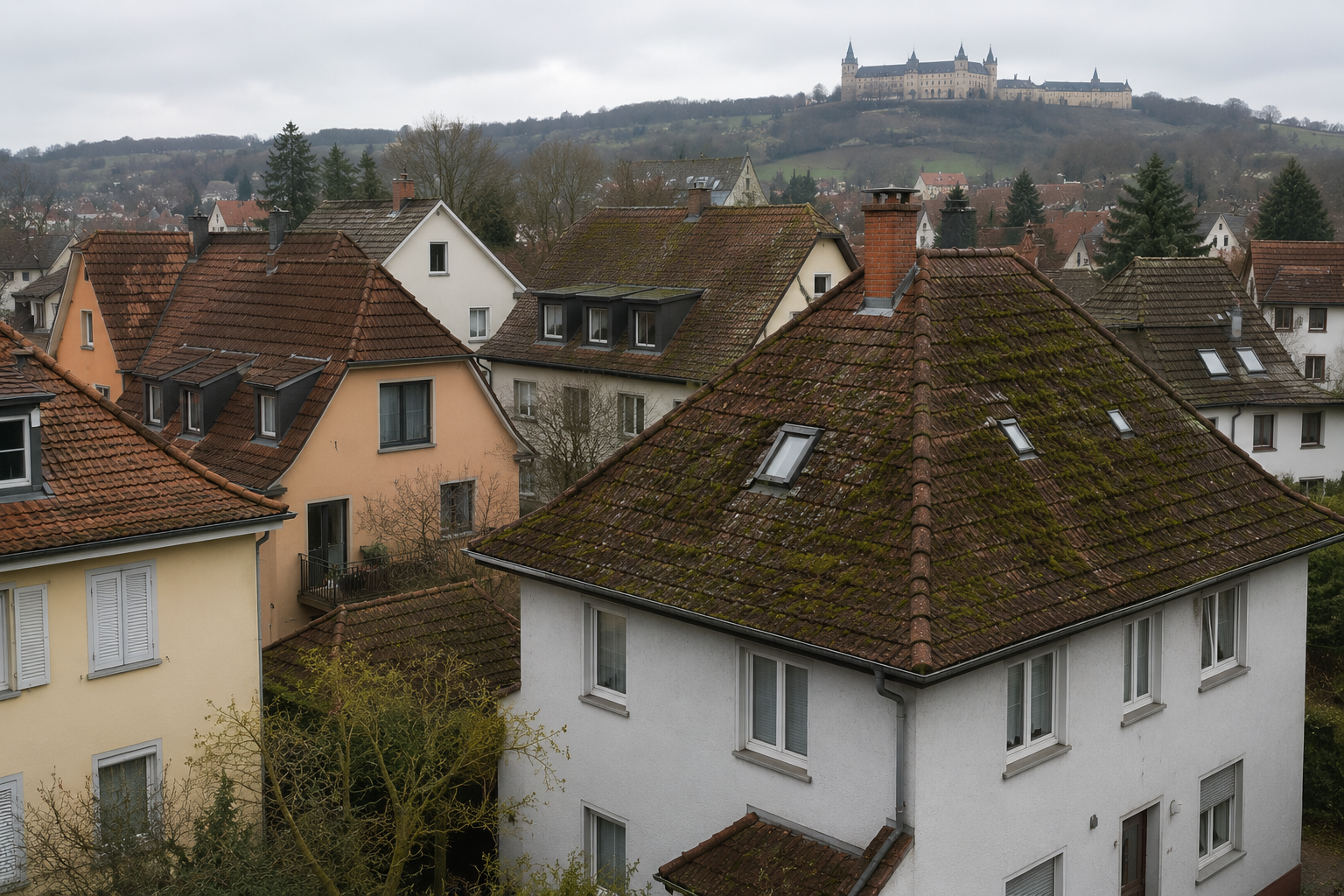 Würzburger Wohngebiet – Häuser mit Ziegeldächern und Moosbefall in der Mainregion