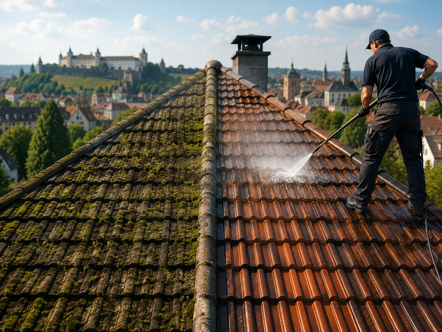 Moos auf Dachziegeln in Würzburg – typisches Schadensbild vor der professionellen Moosentfernung